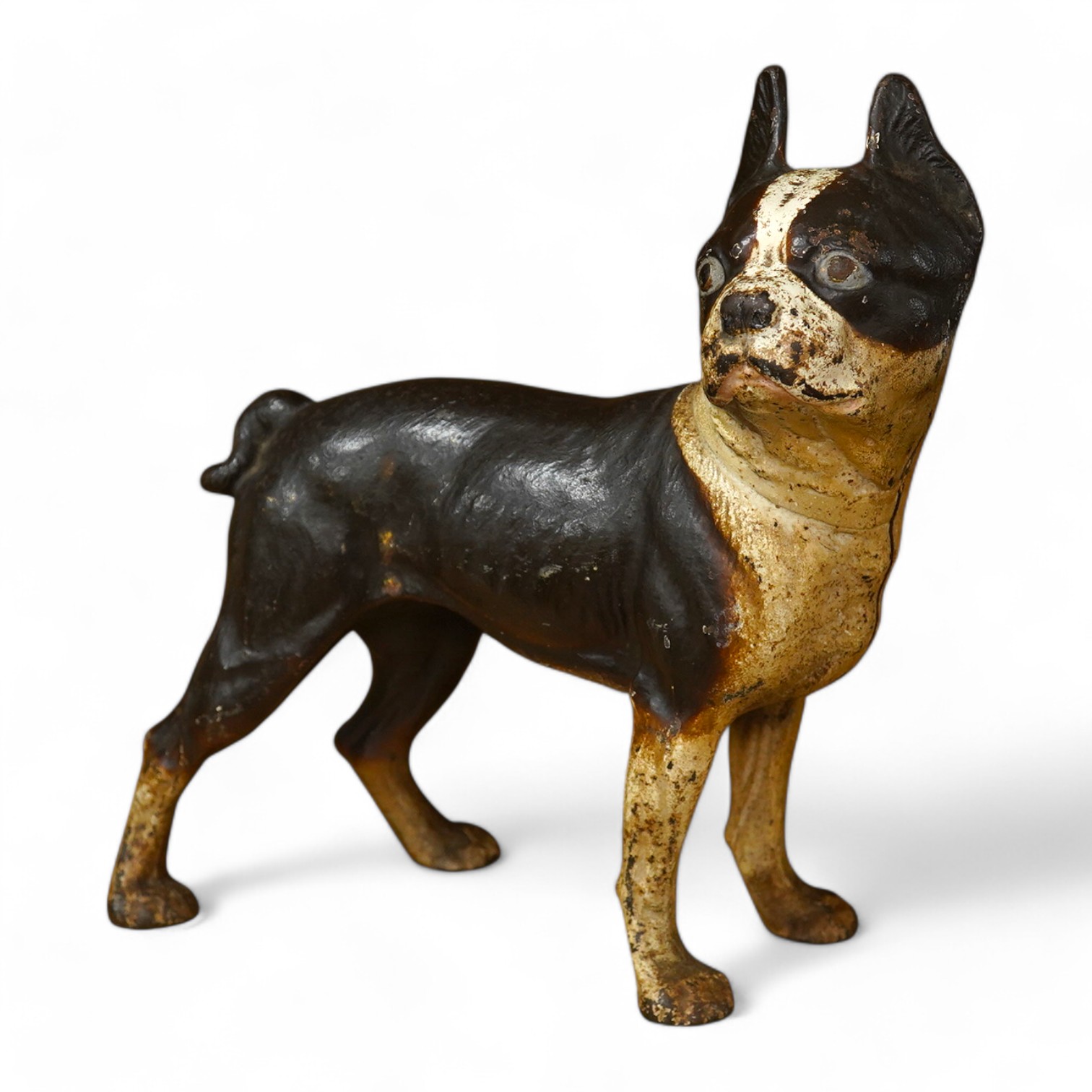 A painted cast iron model of a Boston Terrier, 25cm tall. Condition - fair to good